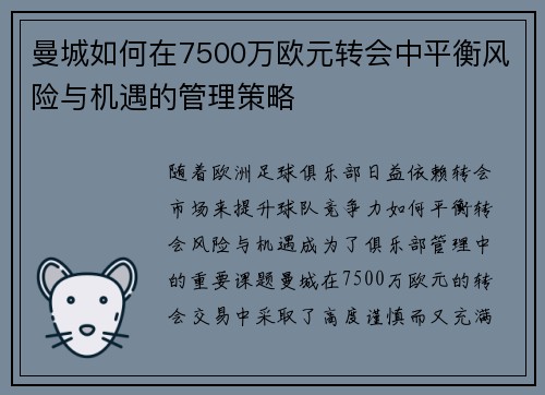 曼城如何在7500万欧元转会中平衡风险与机遇的管理策略